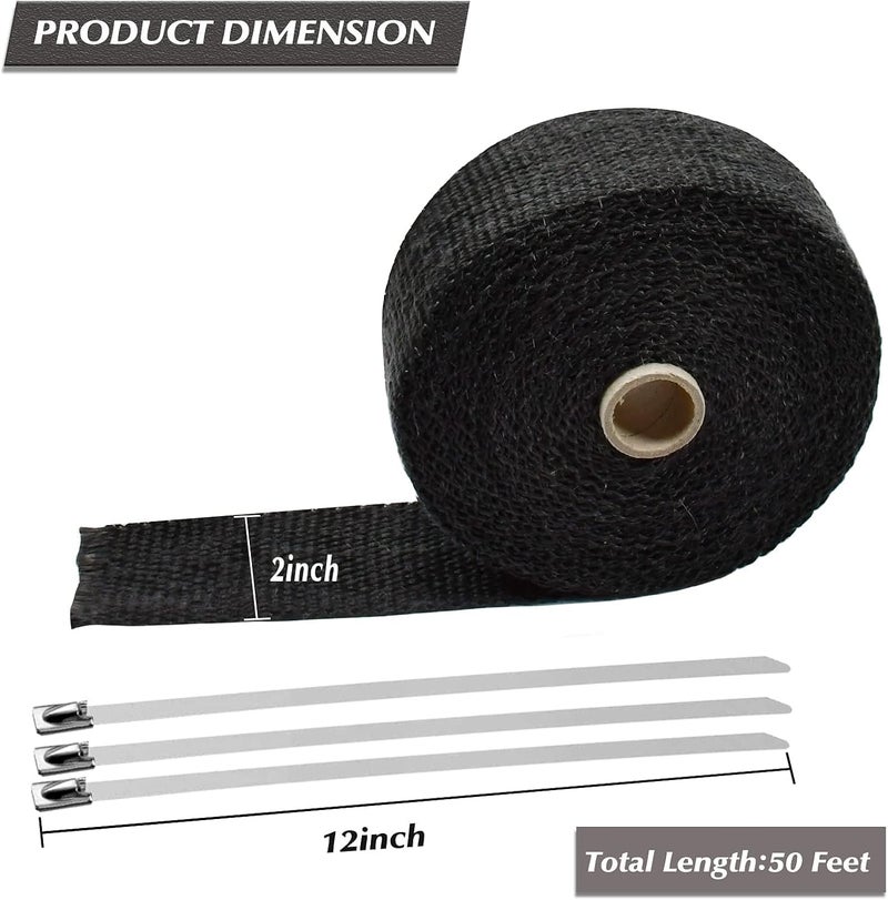TuhooMall 2" x 50' Titanium Exhaust Heat Wrap for Motorcycle Car,Fiberglass Exhaust Header Wrap Tape with Stainless Steel Locking Ties and Duct Clamps (Black) - Image 2